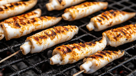 A close-up view of grilled squid skewers on a barbecue grill, with char marks highlighting the cooking process and smoke wafting in the air.の素材