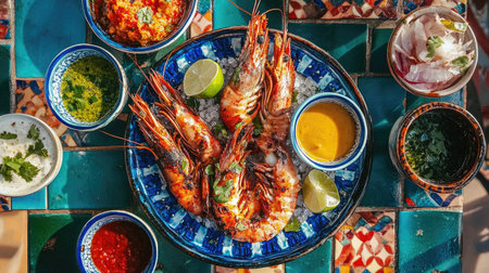 A colorful seafood spread featuring grilled large shrimp alongside a selection of dipping sauces, garnished with lime slices and fresh herbs for a tropical touch.の素材