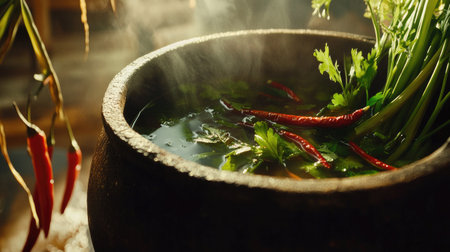 A close-up of tom yum soup in a traditional Thai bowl, with fresh herbs, lemongrass, and chili peppers adding a vibrant, aromatic touch to the scene.の素材