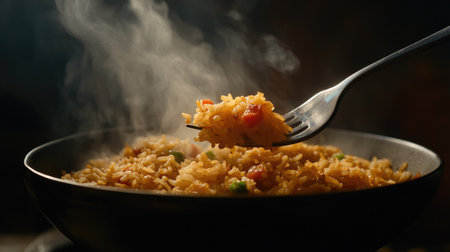 A close-up of a forkful of steaming hot fried rice, showcasing the grains and vibrant ingredients, inviting viewers to indulge in this savory dish.の素材