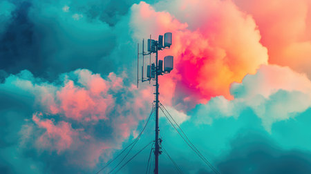 A close-up of an outdoor television broadcast antenna mounted on a tall pole, surrounded by cables and set against a background of rolling clouds.の素材