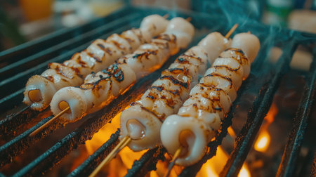 A close-up view of grilled squid skewers on a barbecue grill, with char marks highlighting the cooking process and smoke wafting in the air.の素材