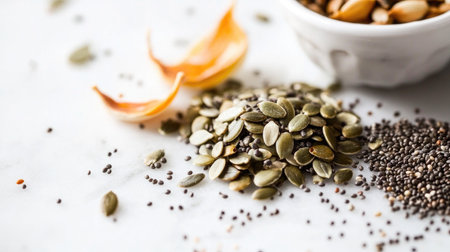 A close-up shot of raw seeds scattered on a white marble countertop, highlighting their natural colors and shapes, perfect for healthy cooking concepts.の素材