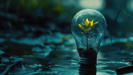 A creative composition featuring a light bulb filled with water and a small plant inside, symbolizing the concept of growth and innovation.の素材