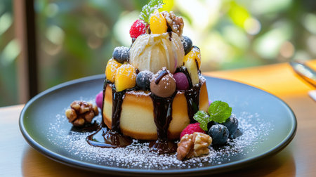 A creative arrangement of honey toast served with various toppings like chocolate sauce, nuts, and fruits, displayed on a trendy caf table.の素材