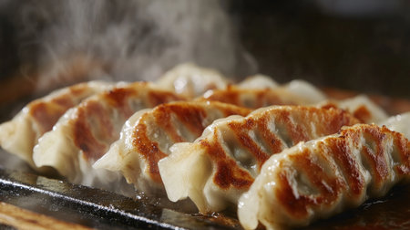 A close-up shot of steaming gyoza, showcasing their crispy bottoms and delicate pleats, with droplets of condensation highlighting their freshness.の素材