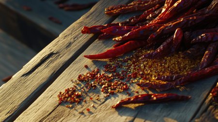 A close-up shot of various dried chili peppers, including crushed red pepper flakes and whole dried varieties, set against a rustic wooden table for texture.の素材