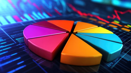 A detailed pie chart illustrating stock market shares, with each segment labeled and colored differently, displayed on a polished digital screen.の素材