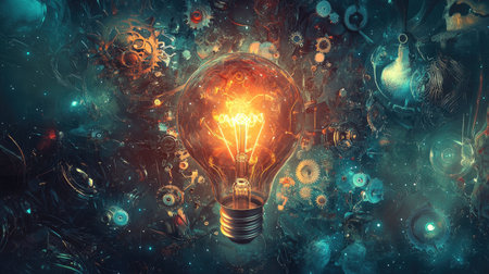 A creative still life featuring a light bulb surrounded by gears and mechanical parts, representing the fusion of technology and creativity in design.の素材