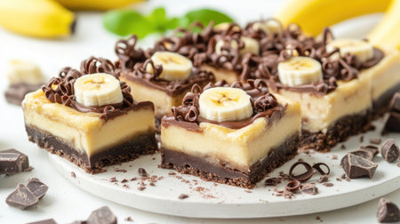 A delightful arrangement of banoffee pie squares on a platter, garnished with chocolate curls and fresh banana slices for an elegant touch.の素材