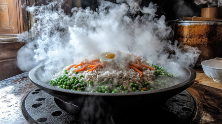 A high-resolution close-up of fried rice with grains glistening, showcasing the freshness of ingredients like peas, carrots, and egg, ready to be served.の素材