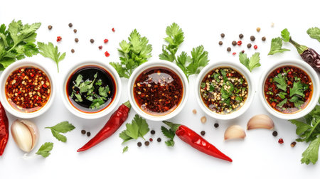 A flat lay of assorted chili sauces in small bowls, surrounded by fresh chili peppers, garlic, and herbs on a white background, showcasing the ingredients for flavor.の素材