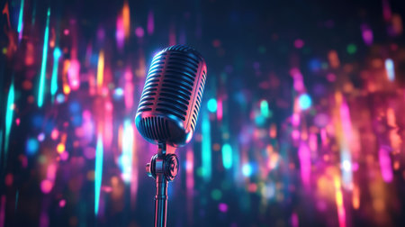 A dynamic composition featuring a microphone with colorful sound waves emanating from it, symbolizing creativity and artistic expression in music and audio.の素材