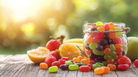 A playful setup featuring colorful jelly beans spilling out of a glass jar, surrounded by fresh fruits and a sunny backdrop, creating a cheerful vibe.の素材