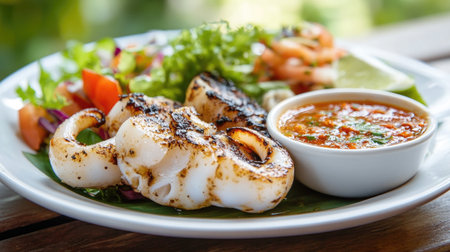 A plate of grilled squid served with a fresh salad and dipping sauce, beautifully arranged to highlight the flavors and colors of the dish.の素材