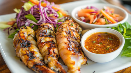 A plate of grilled squid served with a fresh salad and dipping sauce, beautifully arranged to highlight the flavors and colors of the dish.の素材