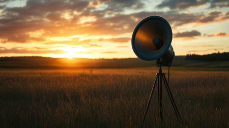 A portable loudspeaker on a metal stand, placed in an open field with a sunset in the background, symbolizing readiness for an outdoor announcement.の素材