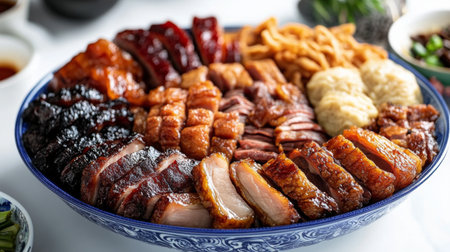A vibrant platter showcasing a variety of exquisitely prepared barbecue meats, accompanied by delightful sides, perfect for a hearty meal or gathering.の素材