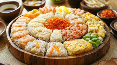 This vibrant sushi platter showcases a variety of fresh seafood and rice, perfect for any occasion. Enjoy a delightful assortment that entices the senses.の素材