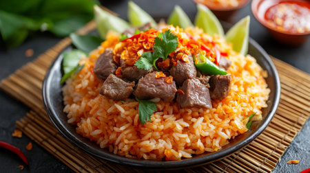 A vibrant plate of spicy beef rice topped with fresh herbs, lime, and chili. Perfect for culinary enthusiasts seeking flavorful and colorful cuisine.の素材