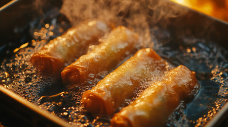 Golden spring rolls fry in hot oil, creating a crispy texture and delicious aroma. Perfect for appetizers or snacks, these rolls bring flavor to any meal.の素材