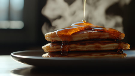 Indulge in a close-up view of fluffy pancakes drizzled with rich syrup, exuding warmth and comfort. Perfect for breakfast or brunch inspiration.の素材