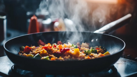 A vibrant scene of colorful vegetables and rice sizzling in a frying pan. Steam rises, creating an inviting atmosphere in a cozy kitchen, perfect for culinary enthusiasts.の素材