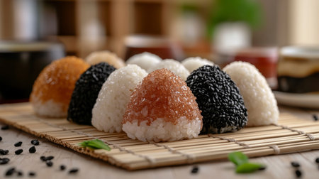 A beautifully arranged display of rice balls featuring sesame toppings and a variety of colors, perfect for showcasing Japanese culinary traditions and flavors.の素材
