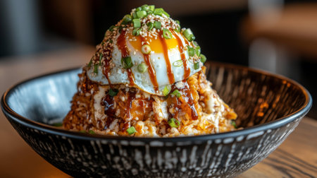 A beautifully arranged bowl of rich Asian cuisine features a vibrant egg topped with sesame seeds and green onions. Perfect for food lovers.の素材