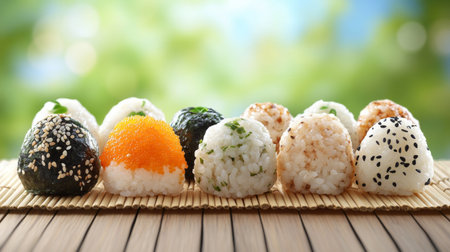 Delight in a vibrant arrangement of assorted sushi rice balls on a bamboo mat, showcasing fresh ingredients and textures in a natural light setting.の素材
