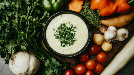An inviting display of fresh vegetables and herbs surrounding a bowl of creamy dipping sauce, perfect for culinary inspiration and healthy eating.の素材
