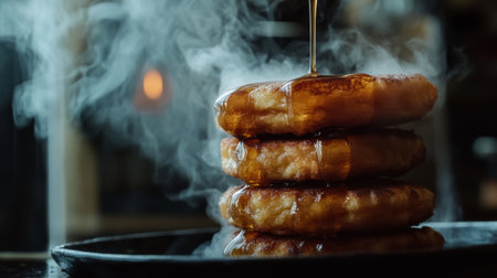 A mouthwatering image of a steaming stack of pancakes being drizzled with syrup. The warm and inviting scene captures the essence of a delicious breakfast treat. Perfect for food-related content.の素材