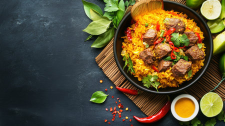 This vibrant beef rice dish features tender meat, fresh herbs, and bold spices, perfect for a gourmet meal. Ideal for culinary enthusiasts and food lovers.の素材