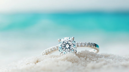 A stunning diamond engagement ring sits elegantly on soft sand, with a beautiful beach and ocean in the background. Perfect for romantic themes.の素材