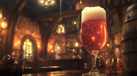 A sparkling glass of amber beer rests on a wooden table in a rustic tavern. The warm atmosphere is enhanced by soft light and a cozy setting, perfect for relaxation and social gatherings.の素材