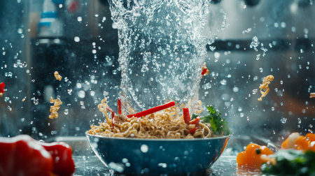 A captivating moment captures a bowl of noodles as water splashes over, highlighting the freshness and vibrancy of the ingredients. Perfect for food enthusiasts!の素材