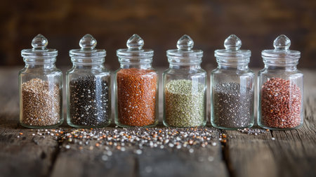 An elegant arrangement of assorted seeds, such as chia, flax, and pumpkin, presented in small glass jars on a wooden table for a healthy lifestyle theme.の素材
