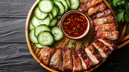 An appetizing arrangement of crispy pork on a bamboo platter, surrounded by fresh cucumber slices and a bowl of spicy dipping sauce, ideal for sharing.の素材