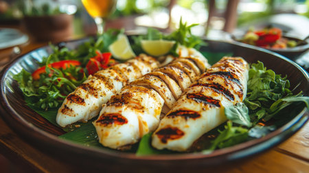 A beautifully arranged dish featuring grilled squid, drizzled with a tangy sauce and accompanied by fresh greens, set against a stylish dining table.の素材