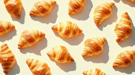 An artistic arrangement of croissants, some whole and others cut in half, displaying the rich layers and golden color against a clean white backdrop.の素材