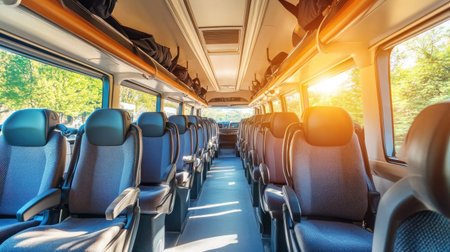 An empty bus interior showcasing rows of bright seats and modern amenities, with sunlight streaming through the windows, highlighting a clean and inviting space.の素材