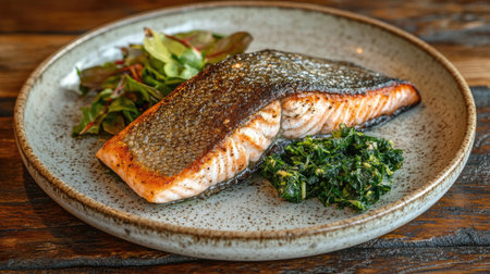 A close-up shot of perfectly grilled salmon with crispy skin, showing the juicy, flaky texture, served on a rustic plate with a side of seasonal greens.の素材