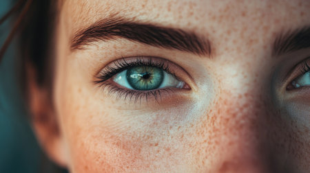 A close-up of a woman's face with radiant skin, showcasing defined cheekbones and perfectly groomed eyebrows, accentuated by natural lighting.の素材