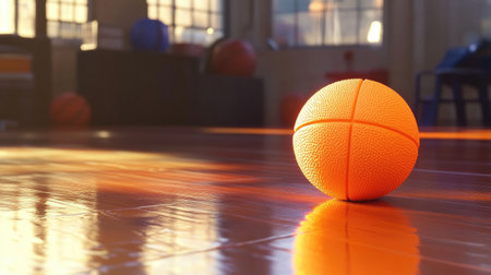 A close-up of an orange basketball resting on a polished wooden court, showcasing its textured surface and vibrant color under the bright gym lights.の素材