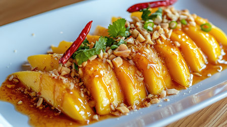 A clean, white plate holding thinly sliced mango drizzled with a rich sweet fish sauce, paired with crushed peanuts and a slice of chili for a bold presentation.の素材