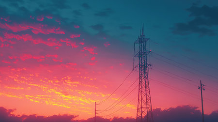 A minimalist cell phone tower silhouette against a colorful dusk sky, with its antennas distinctly outlined, creating a striking telecommunications image.の素材