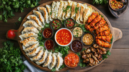 A platter of assorted gyoza, including fried and steamed varieties, served with colorful dipping sauces and garnished with fresh herbs and chili flakes.の素材