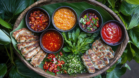 A platter of assorted gyoza, including fried and steamed varieties, served with colorful dipping sauces and garnished with fresh herbs and chili flakes.の素材