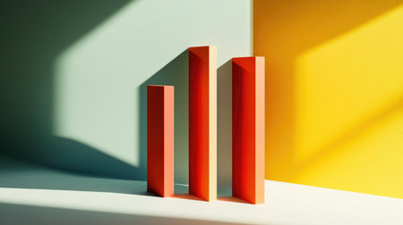 A dynamic D bar graph visualizing survey results, featuring brightly colored bars with shadow effects to give depth, placed on a minimalist surface.の素材