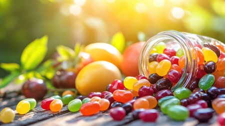 A playful setup featuring colorful jelly beans spilling out of a glass jar, surrounded by fresh fruits and a sunny backdrop, creating a cheerful vibe.の素材